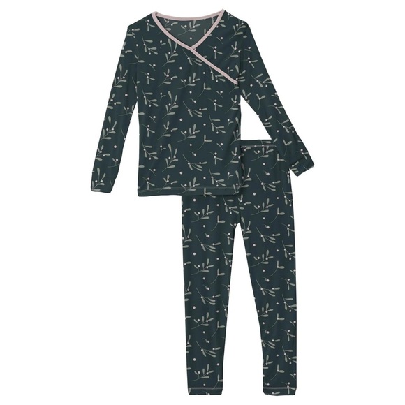 Kickee Pants Pajamas Holiday Christmas Pj's Pine Mistletoe long sleeve kimono 3T - Picture 1 of 11